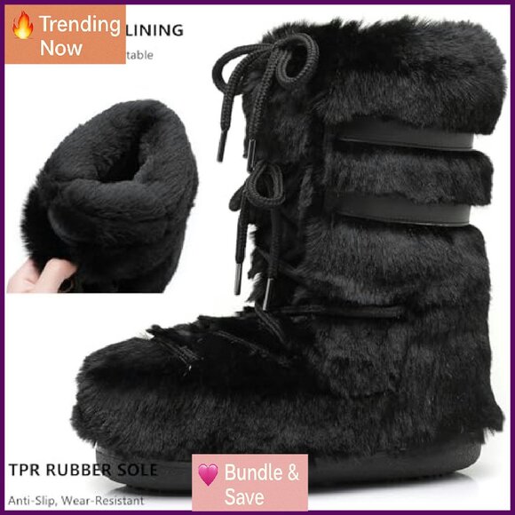 Women's Faux Fur Lined Snow Boots Mid-Calf Waterproof Winter Ski Boots - Picture 5 of 8